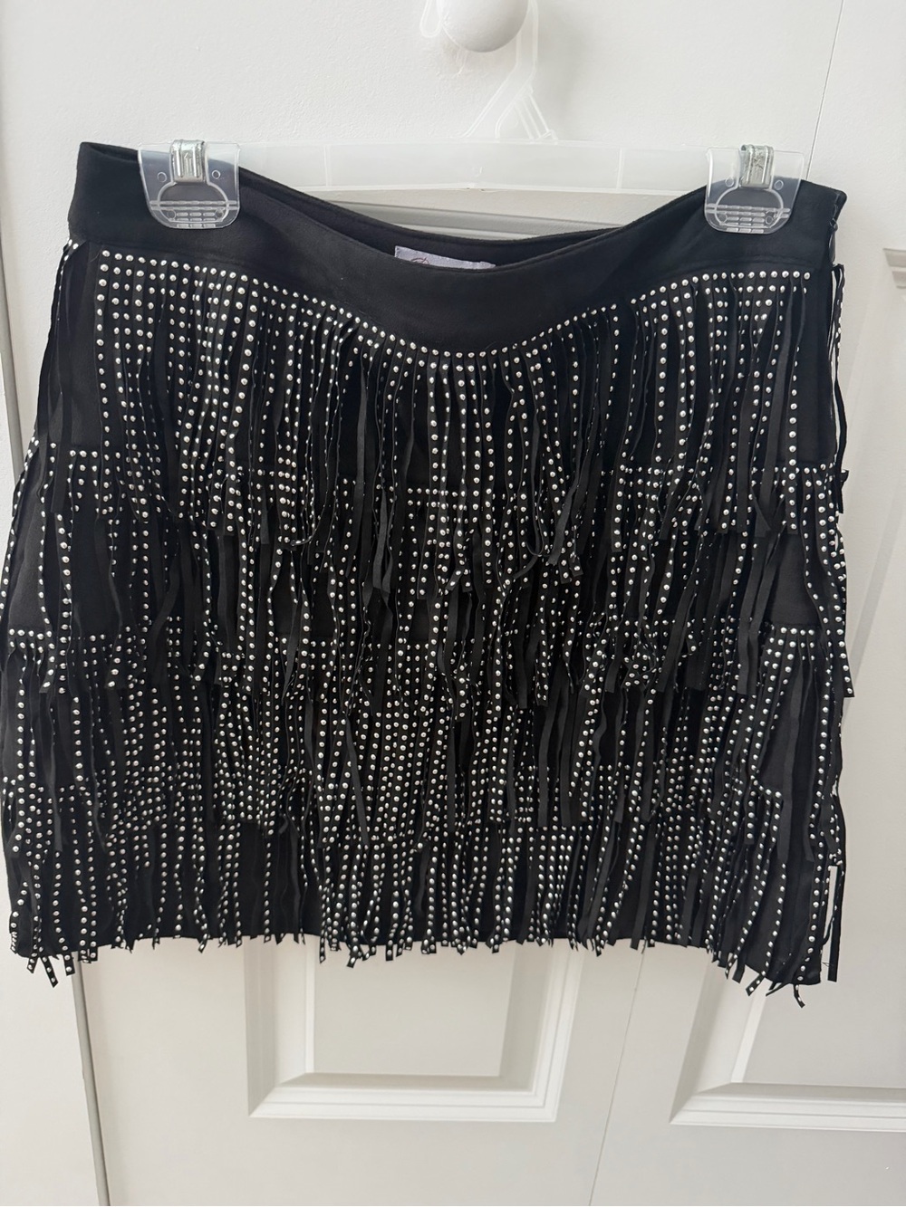 Pink Lily fringed studded faux-suede mini skirt festival